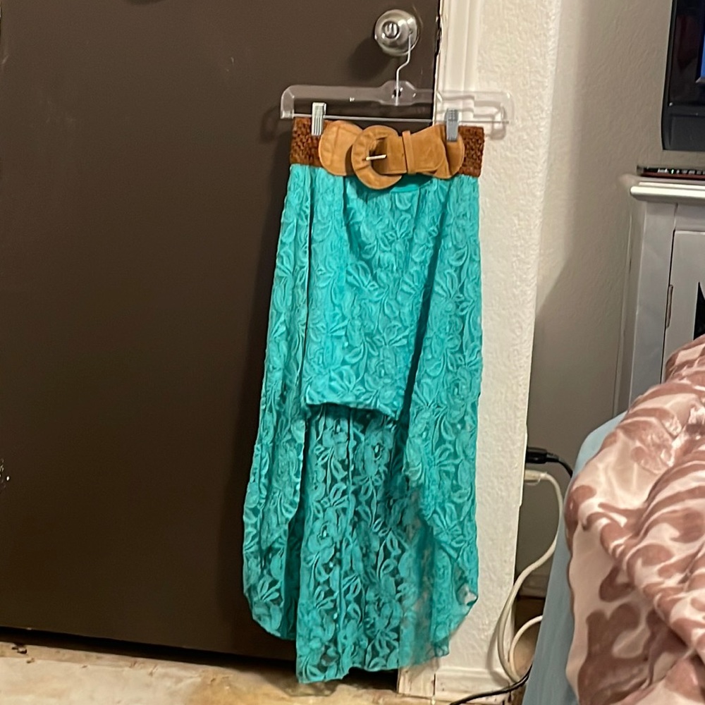 Teal lace high low skirt